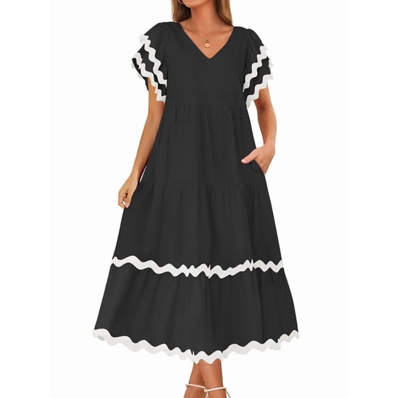 Womens 2025 Summer Casual Midi Dresses V Neck Flutter Short Sleeve Ruffle Tiered A Line Flowy Beach Long Dress Black S