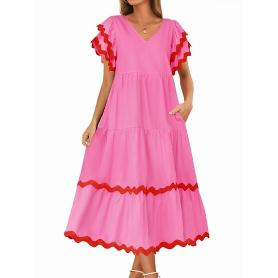 Womens 2025 Summer Casual Midi Dresses V Neck Flutter Short Sleeve Ruffle Tiered A Line Flowy Beach Long Dress Pink XL