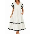 thumbnail image 1 of Womens 2025 Summer Casual Midi Dresses V Neck Flutter Short Sleeve Ruffle Tiered A Line Flowy Beach Long Dress White L, 1 of 8