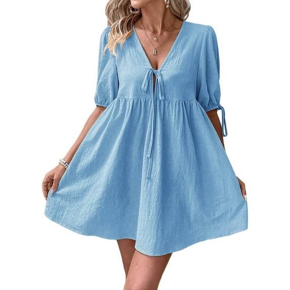 Womens 2025 Summer Casual Short Sleeve Dresses A Line Bow-Knot Tie Front Babydoll Loose Cute Mini Dress Blue S
