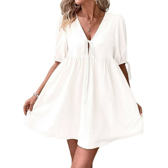 Womens 2025 Summer Casual Short Sleeve Dresses A Line Bow-Knot Tie Front Babydoll Loose Cute Mini Dress Cream White L