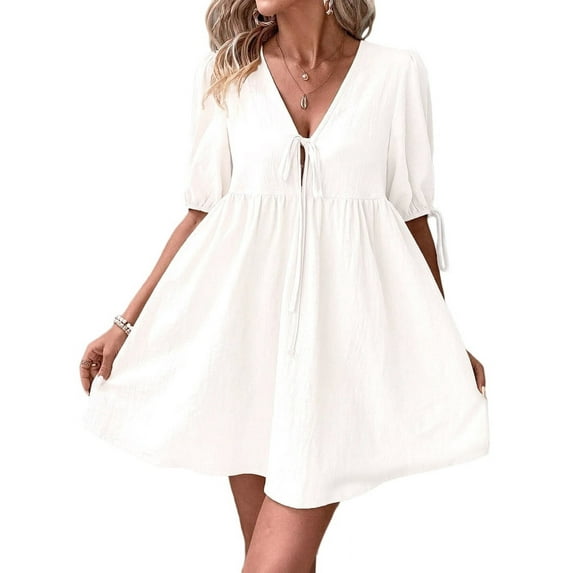 Womens 2025 Summer Casual Short Sleeve Dresses A Line Bow-Knot Tie Front Babydoll Loose Cute Mini Dress Cream White L