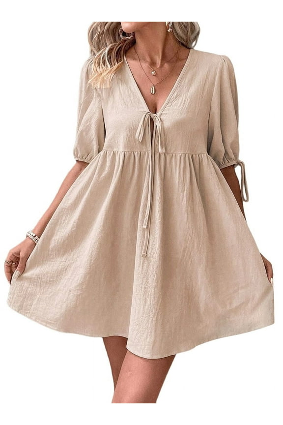 Womens 2025 Summer Casual Short Sleeve Dresses A Line Bow-Knot Tie Front Babydoll Loose Cute Mini Dress Khaki M