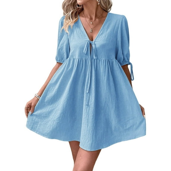 Womens 2025 Summer Casual Short Sleeve Dresses A Line Bow-Knot Tie Front Babydoll Loose Cute Mini Dress Blue L