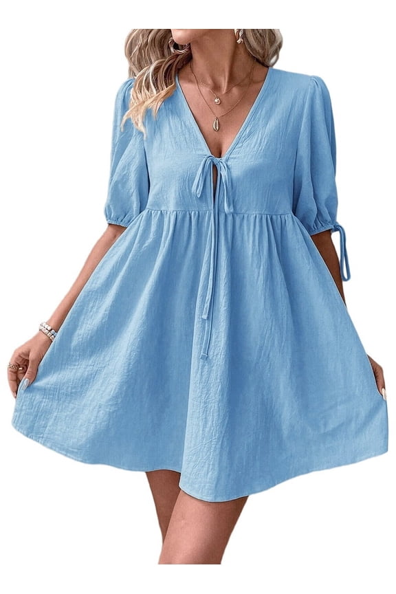 Womens 2025 Summer Casual Short Sleeve Dresses A Line Bow Tie Front Babydoll Loose Cute Mini Dress Blue XL