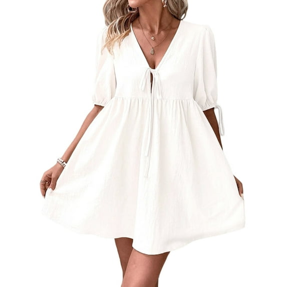 Womens 2025 Summer Casual Short Sleeve Dresses A Line Bow Tie Front Babydoll Loose Cute Mini Dress Cream White M