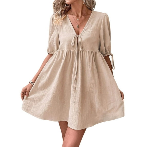 Womens 2025 Summer Casual Short Sleeve Dresses A Line Bow Tie Front Babydoll Loose Cute Mini Dress Khaki L