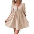 thumbnail image 1 of Womens 2025 Summer Casual Short Sleeve Dresses A Line Bow Tie Front Babydoll Loose Cute Mini Dress Khaki XL, 1 of 8