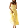 thumbnail image 1 of Womens 2025 Summer Casual Sleeveless Spaghetti Strap RIC Rac Trim Smocked Ruffle Beach Long Maxi Dress Light Yellow L, 1 of 9