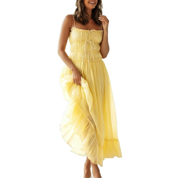 Womens 2025 Summer Casual Sleeveless Spaghetti Strap RIC Rac Trim Smocked Ruffle Beach Long Maxi Dress Light Yellow XL
