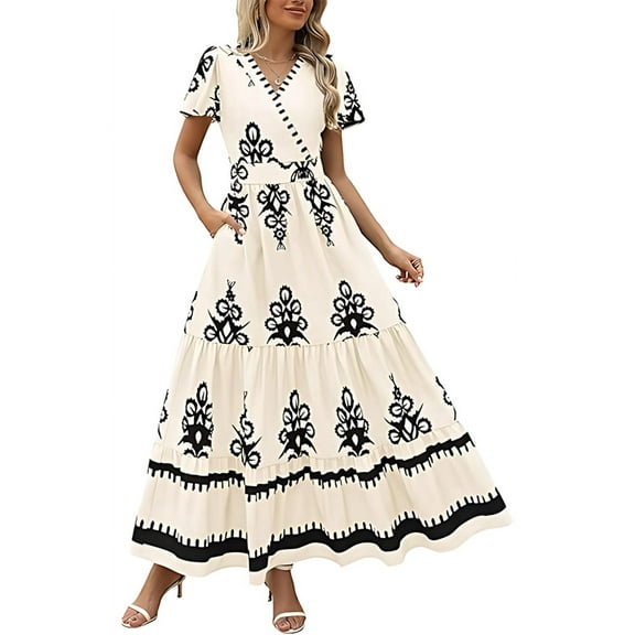 Womens 2025 Summer Casual V Neck Boho Maxi Dress Flowy Aline Bell Sleeve Tiered Floral Dresses with Pocket L