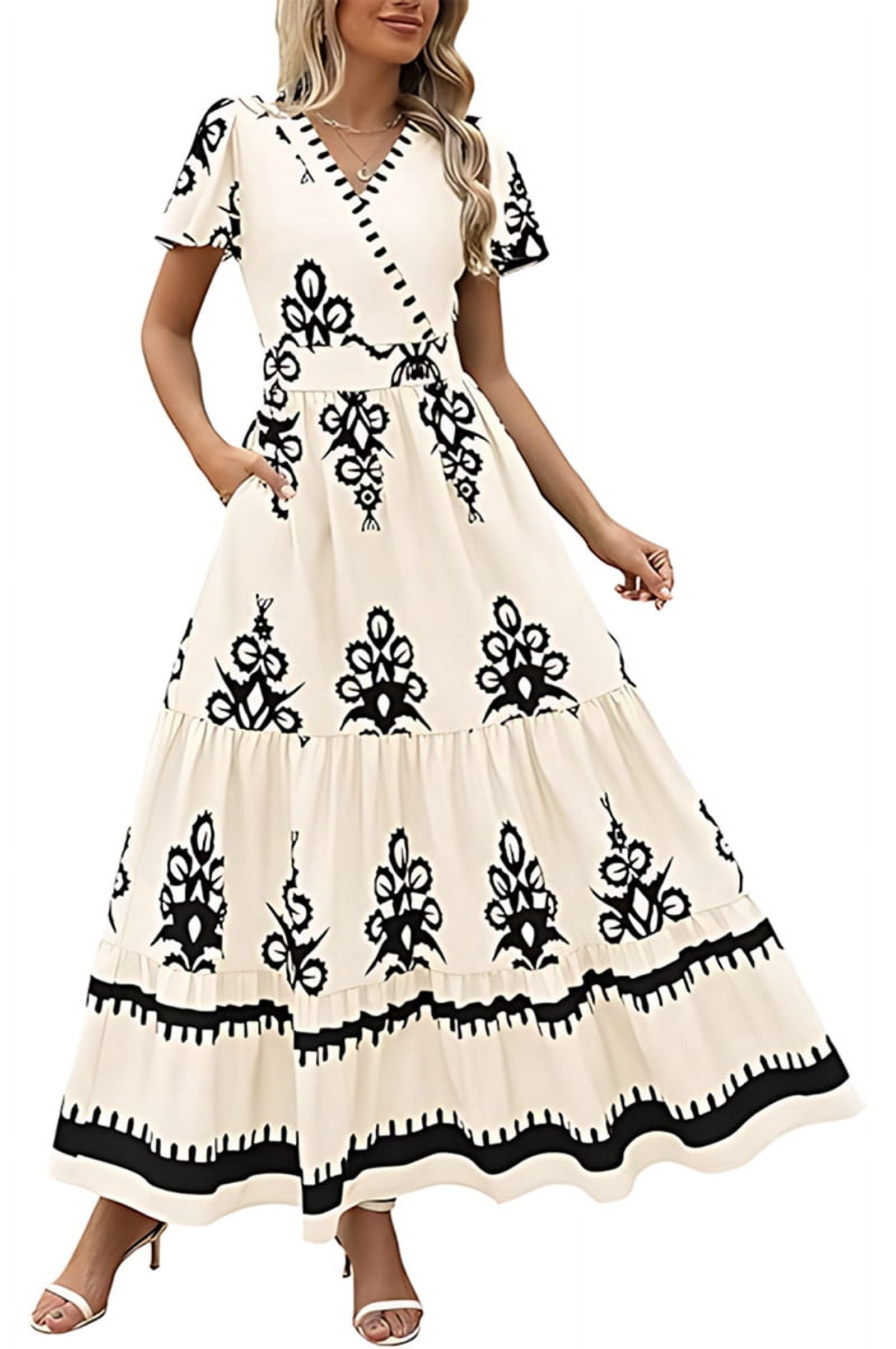 Womens 2025 Summer Casual V Neck Boho Maxi Dress Flowy Aline Bell Sleeve Tiered Floral Dresses with Pocket S