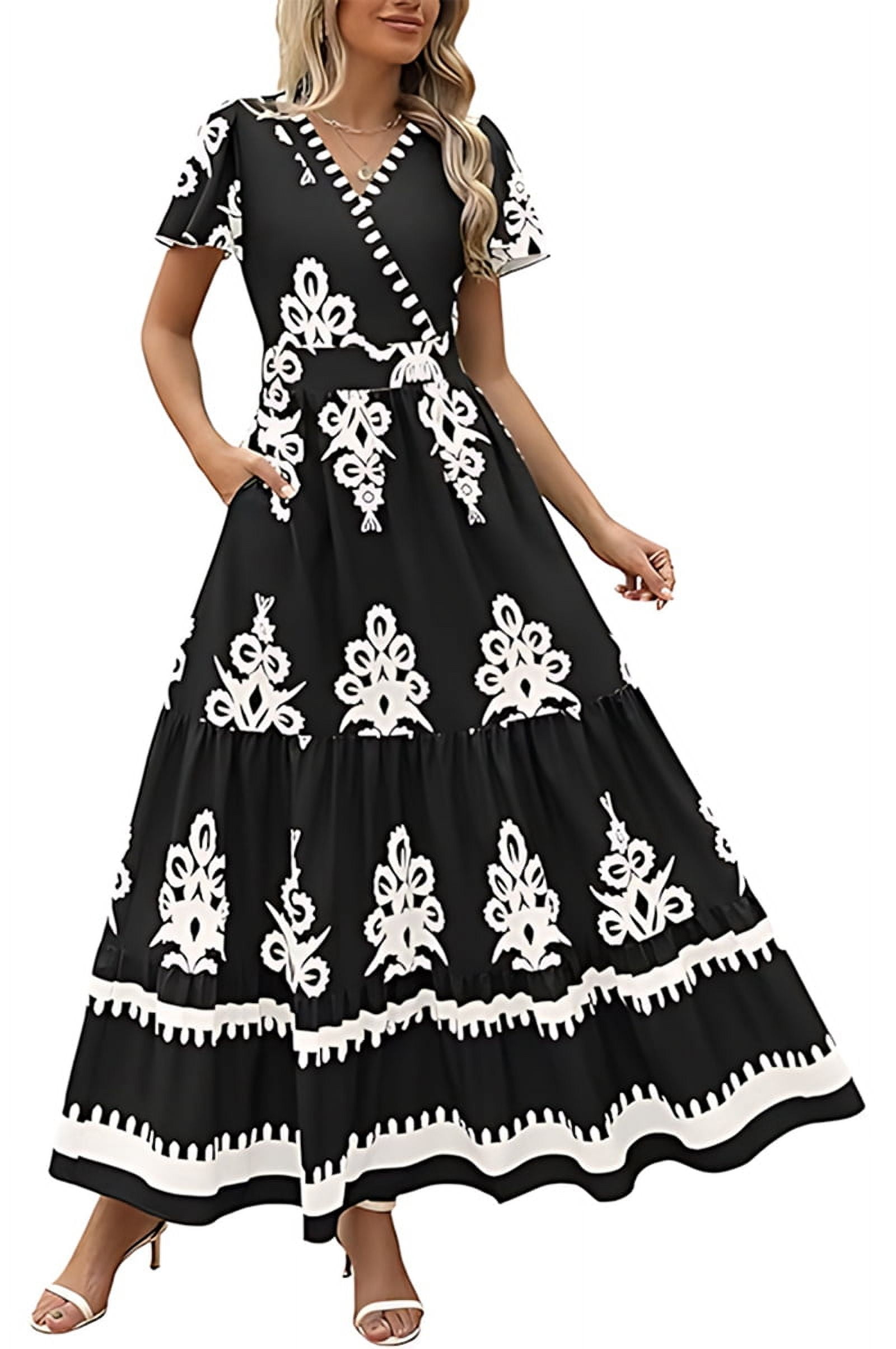 Womens 2025 Summer Casual V Neck Boho Maxi Dress Flowy Aline Bell Sleeve Tiered Floral Dresses with Pocket