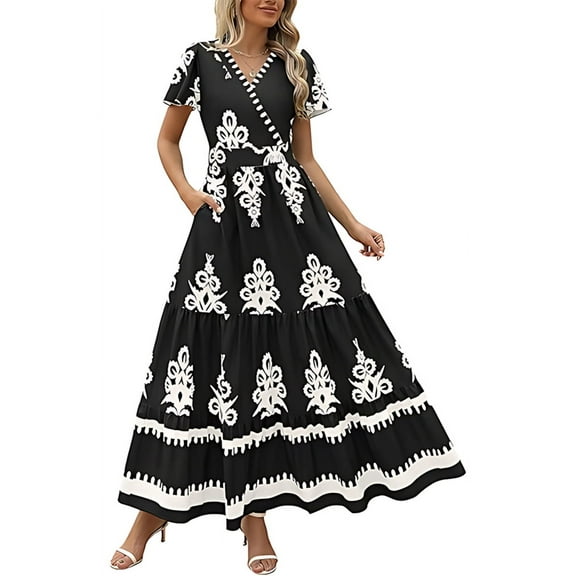 Womens 2025 Summer Casual V Neck Boho Maxi Dress Flowy Aline Bell Sleeve Tiered Floral Dresses with Pocket Black XXL