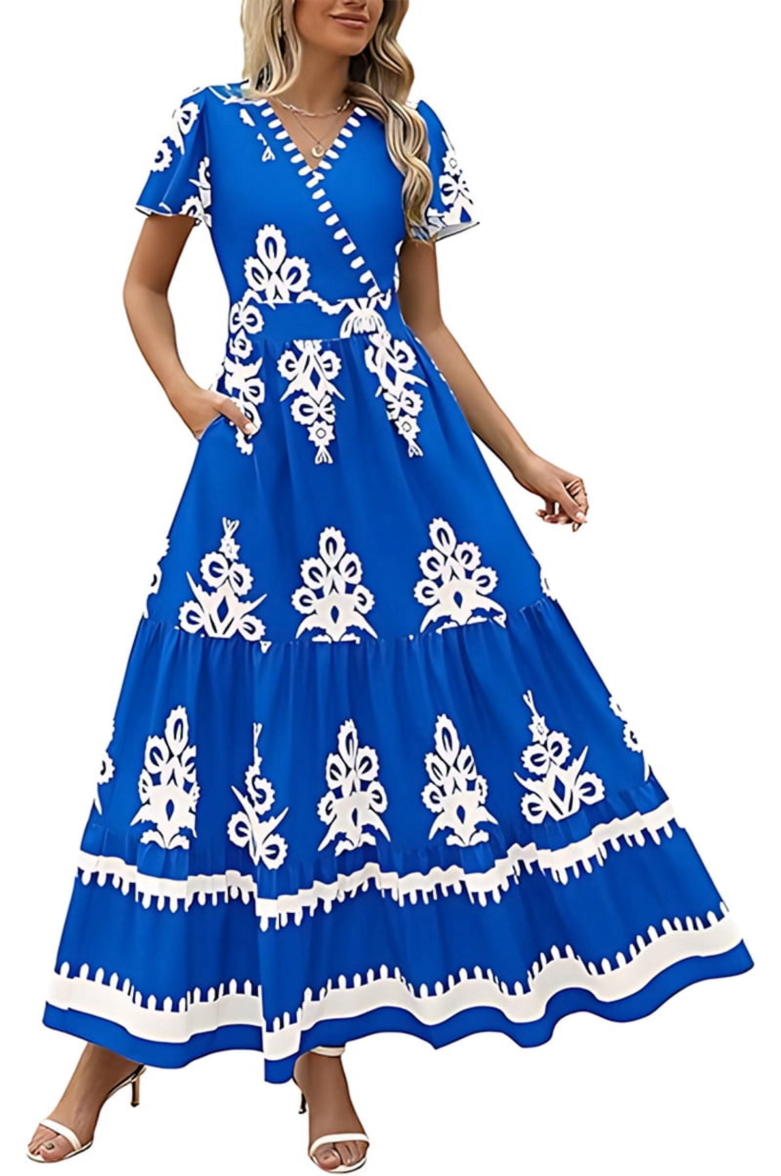 Womens 2025 Summer Casual V Neck Boho Maxi Dress Flowy Aline Bell Sleeve Tiered Floral Dresses with Pocket Blue L
