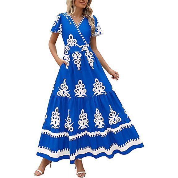 Womens 2025 Summer Casual V Neck Boho Maxi Dress Flowy Aline Bell Sleeve Tiered Floral Dresses with Pocket Blue XL