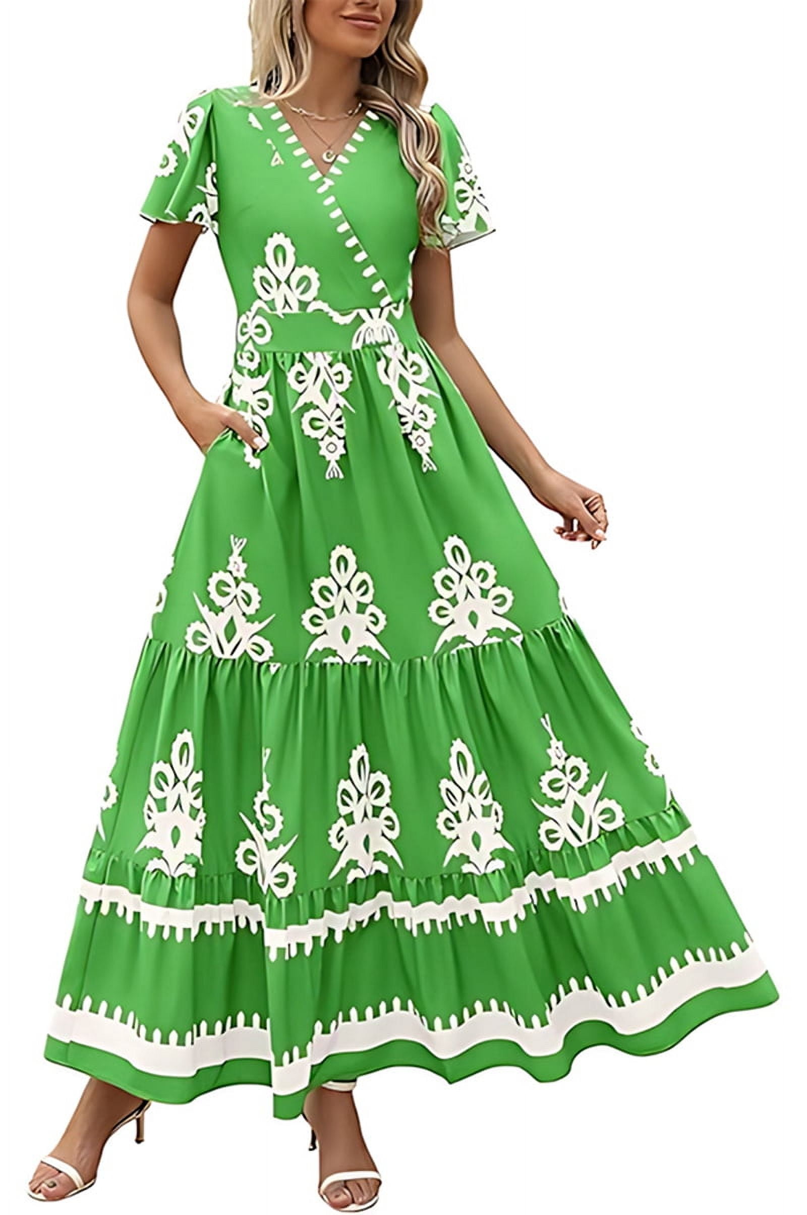 Womens 2025 Summer Casual V Neck Boho Maxi Dress Flowy Aline Bell Sleeve Tiered Floral Dresses with Pocket Green XXL