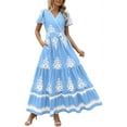 thumbnail image 1 of Womens 2025 Summer Casual V Neck Boho Maxi Dress Flowy Aline Bell Sleeve Tiered Floral Dresses with Pocket Light Blue XL, 1 of 7
