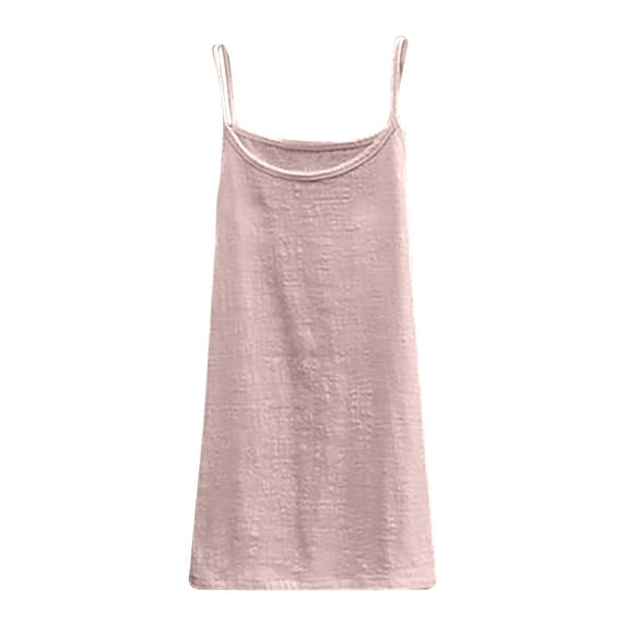 Womens 2025 Summer Cotton Linen Round Neck Sleeveless Tank Top Retro Solid Color Spaghetti Strap Casual Basic Tees Pink,Free Size