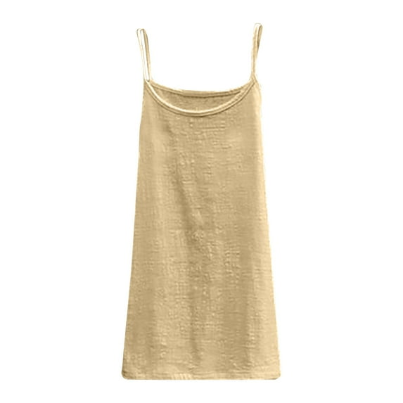 Womens 2025 Summer Cotton Linen Round Neck Sleeveless Tank Top Retro Solid Color Spaghetti Strap Casual Basic Tees Yellow,Free Size