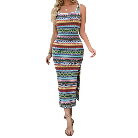 Womens 2025 Summer Dresses Square Neck Sleeveless Tank Striped Boho Sundress Beach Vacation Dresses Green L