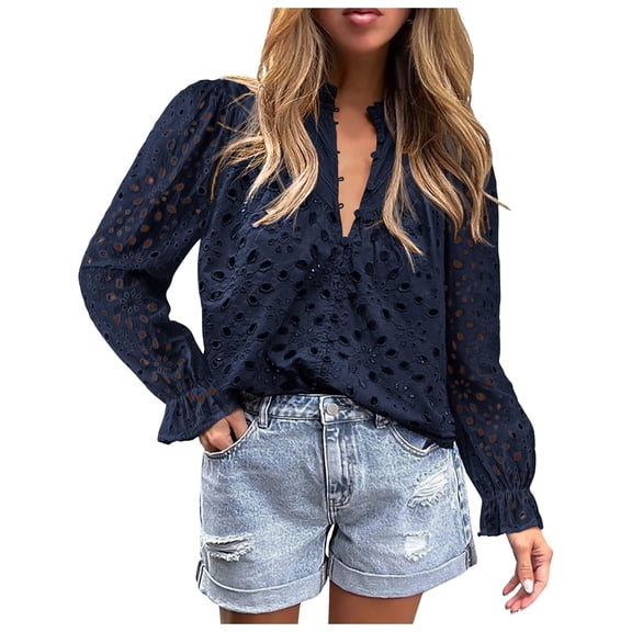 Womens 2025 Summer Dressy Casual Blouse Short Puff Sleeve V-Neck Hollow-Out Lace Embroidered Top