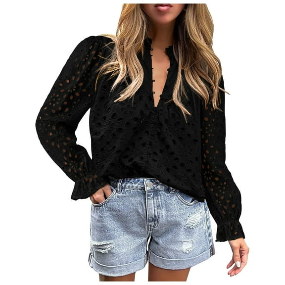 Womens 2025 Summer Dressy Casual Blouse Short Puff Sleeve V-Neck Hollow-Out Lace Embroidered Top