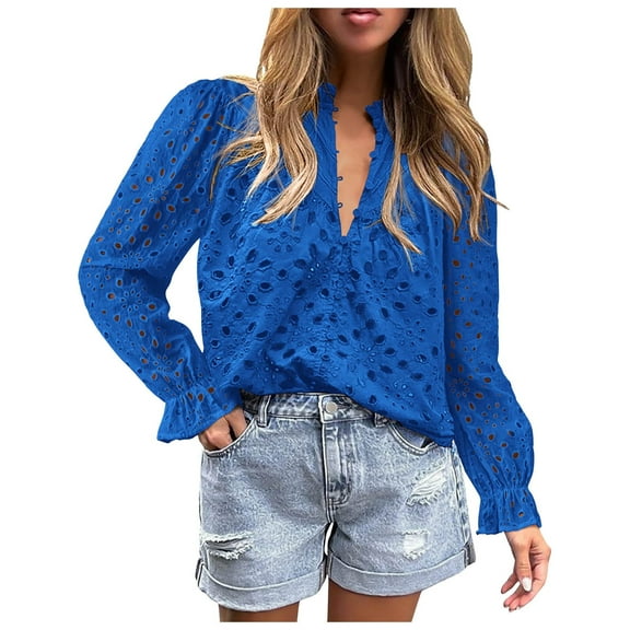 Womens 2025 Summer Dressy Casual Blouse Short Puff Sleeve V-Neck Hollow-Out Lace Embroidered Top