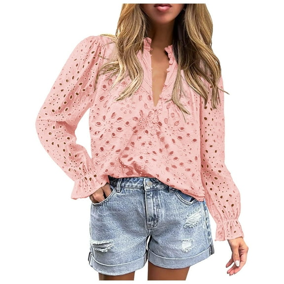 Womens 2025 Summer Dressy Casual Blouse Short Puff Sleeve V-Neck Hollow-Out Lace Embroidered Top