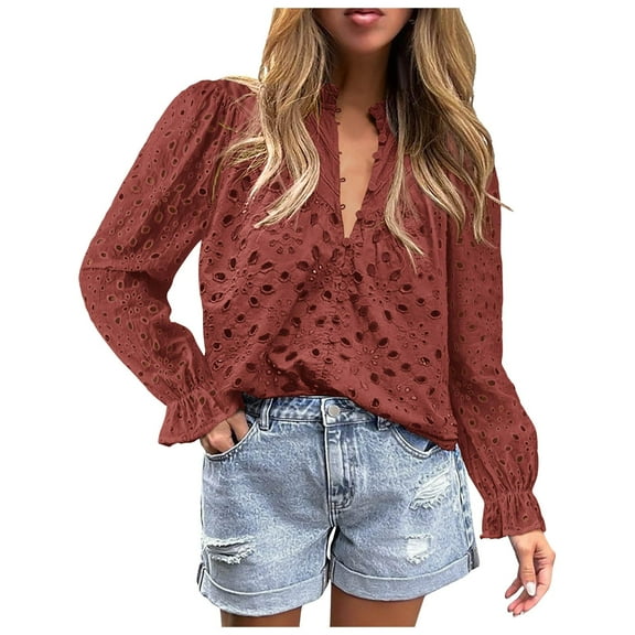Womens 2025 Summer Dressy Casual Blouse Short Puff Sleeve V-Neck Hollow-Out Lace Embroidered Top