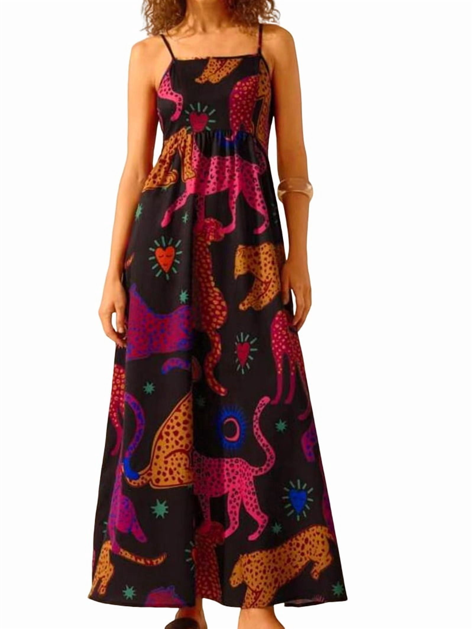 Womens 2025 Summer Floral Maxi Dress Sleeveless Spaghetti Strap Printed Smocked Boho Beach Long Dress Black S