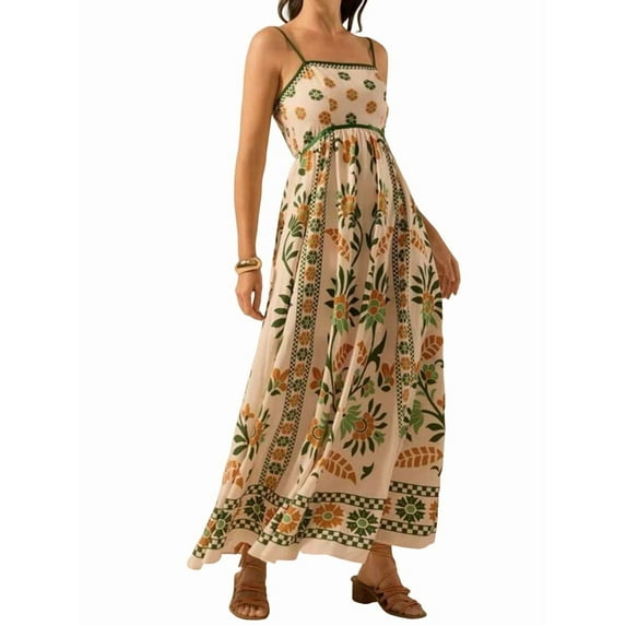 Womens 2025 Summer Floral Maxi Dress Sleeveless Spaghetti Strap Printed Smocked Boho Beach Long Dress Green L