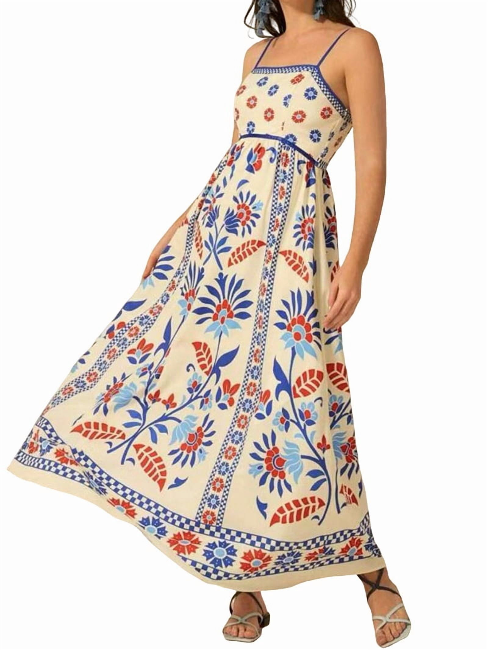 Womens 2025 Summer Floral Maxi Dress Sleeveless Spaghetti Strap Printed Smocked Boho Beach Long Dress Red & Blue XL