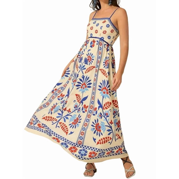 Womens 2025 Summer Floral Maxi Dress Sleeveless Spaghetti Strap Printed Smocked Boho Beach Long Dress Red & Blue XL