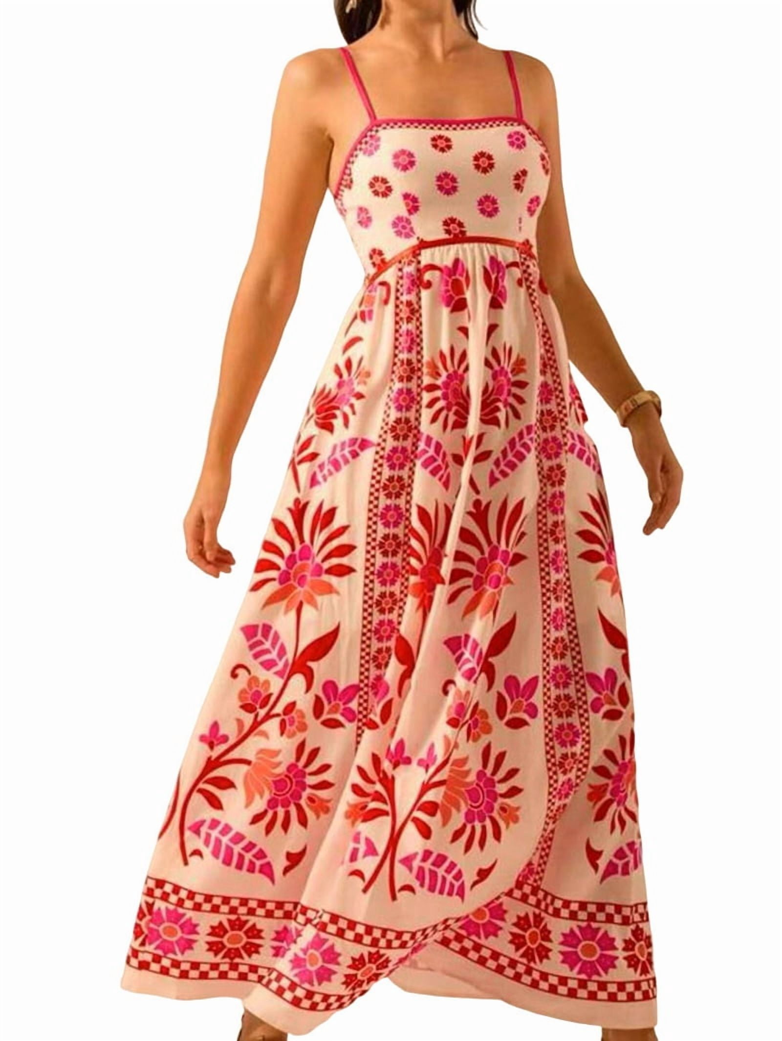 Womens 2025 Summer Floral Maxi Dress Sleeveless Spaghetti Strap Printed Smocked Boho Beach Long Dress Red M