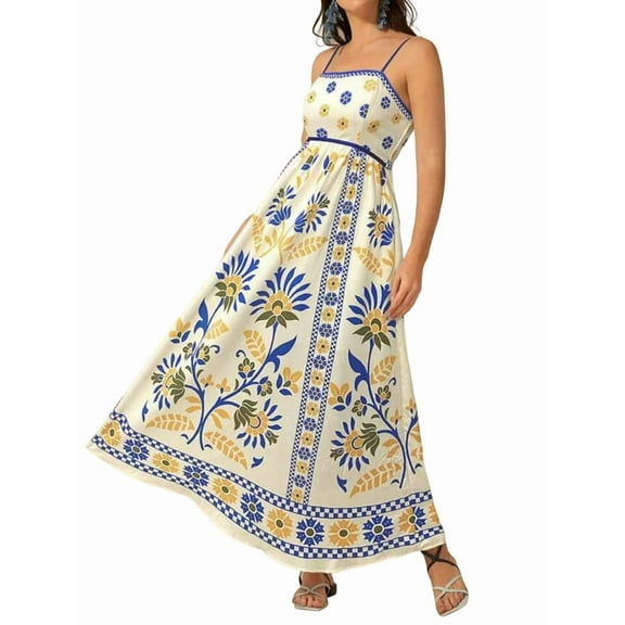 Womens 2025 Summer Floral Maxi Dress Sleeveless Spaghetti Strap Printed Smocked Boho Beach Long Dress Yellow Blue M