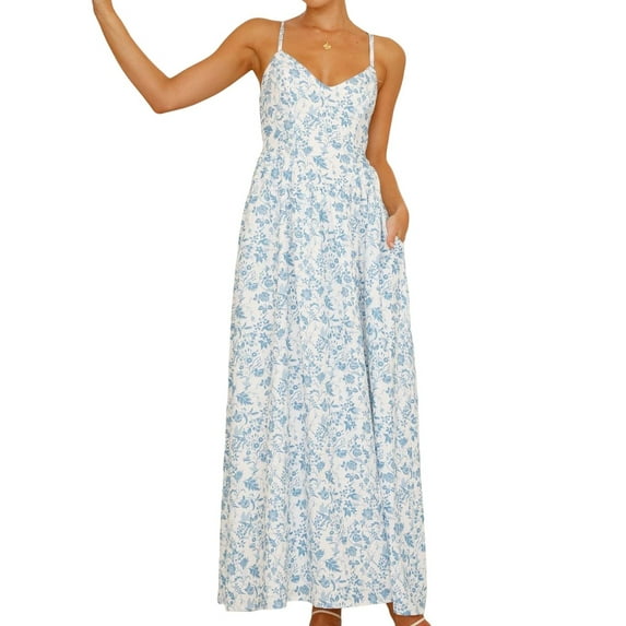 Womens 2025 Summer Maxi Dress Sleeveless Floral Smocked Boho Beach Long Dress L