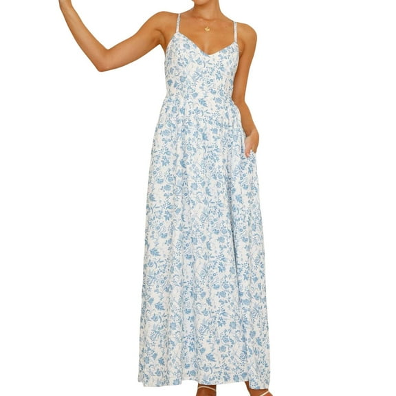 Womens 2025 Summer Maxi Dress Sleeveless Floral Smocked Boho Beach Long Dress Sky Blue M