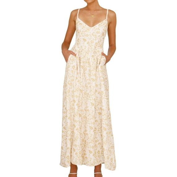 Womens 2025 Summer Maxi Dress Sleeveless Floral Smocked Boho Beach Long Dress Yellow S