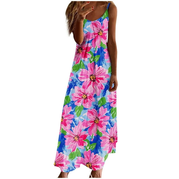 Womens 2025 Summer Maxi Dress Spaghetti Strap Casual Printed Dress Boho Floral Beach Sundress