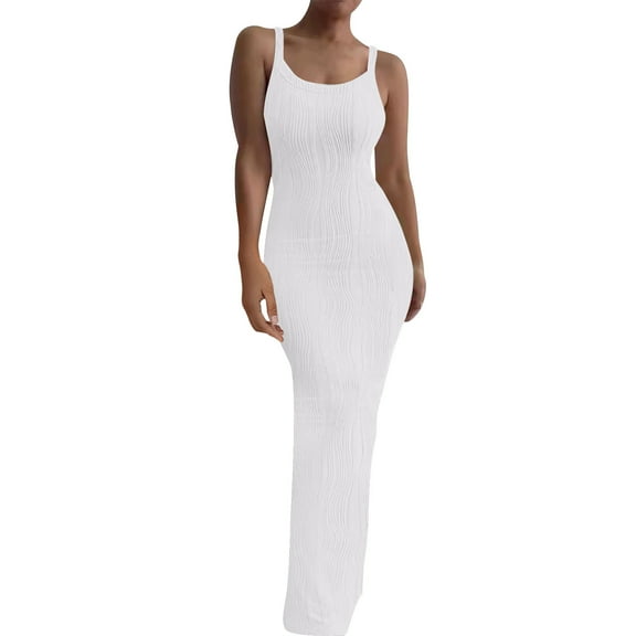 Womens 2025 Summer Maxi Dress Spaghetti Strap Knit Slip Bodycon Dress Scoop Neck Cocktail Party Long Dresses