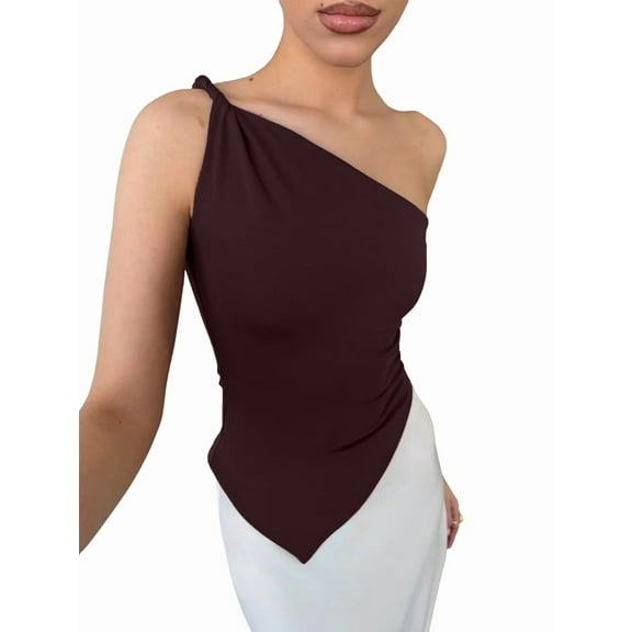 Womens 2025 Summer Y2K Tops Sleeveless One Shoulder Slim Fit Shirts Knit Asymmetrical Top Blouse Red-Brown XL
