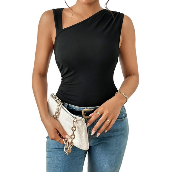 Womens 2025 Summer Y2K Tops Sleeveless One Shoulder Slim Fit Shirts Ruched Knit Asymmetrical Top Blouse Black S