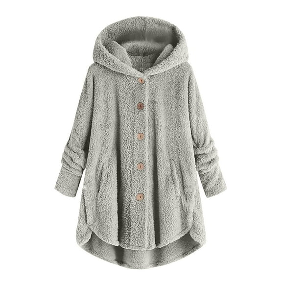 Womens 2025 Winter Coats Bed Jacket Plus Size Fuzzy Fleece Coat Cozy Button Jacket Polyester Double-Plush Breathable Brushed Inner Layer Roomy Hood Women's Outerwear Jackets & Coats