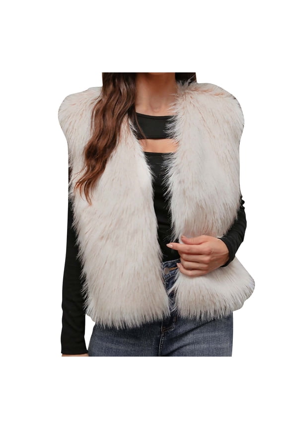 Womens 2025 Winter Coats Fluffy Cropped Faux Fur Jacket Sleeveless Open Front Shaggy Outerwear Trendy Clothes Lounge Warm Relaxed Fit Blazer Coat