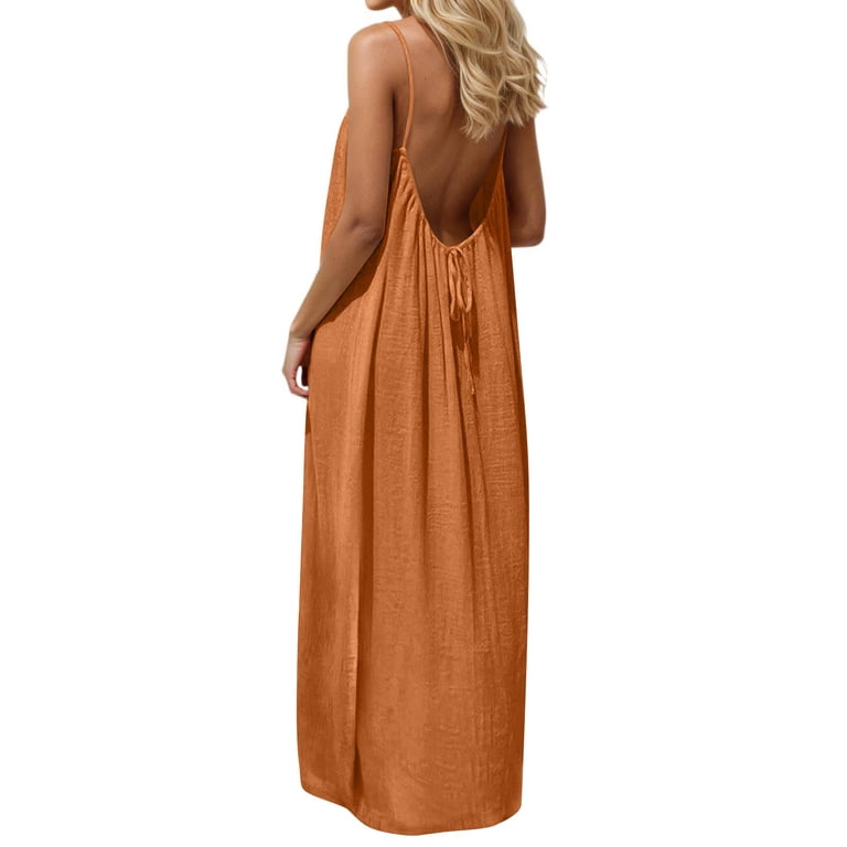 casual orange maxi dress Rusty Orange Maxi Dress, Linen Kaftan Dress, Womens Clothing Summer Dresses,  Orange Linen Loose Sleeveless Dress, Simple Linen Dress