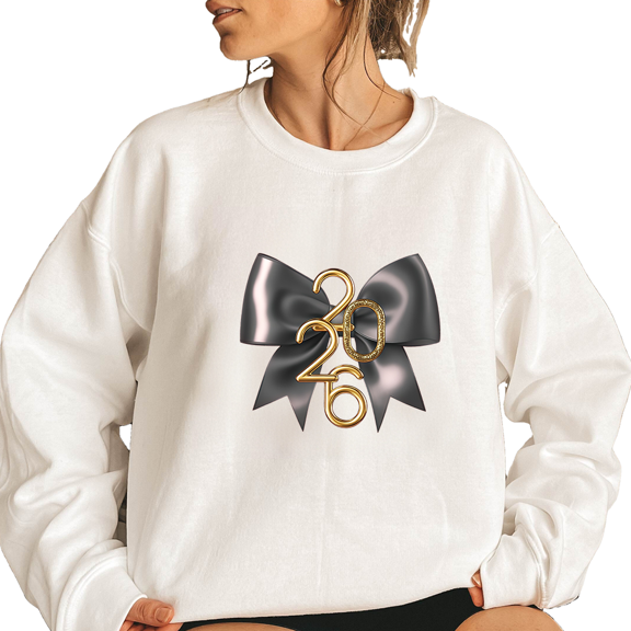 Womens 2026 & Bow Tops Happy New Year Sweatshirts Long Sleeve Shirts Casual Pullover for Holiday White,S