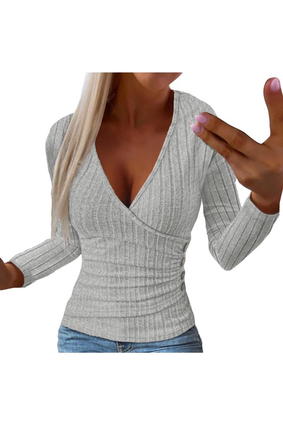 Womens 2026 Fall Fashion Casual Shirts Long Sleeve Solid Color Tunic Deep V Neck Pullover Tops Slim Fit Comfy Going Out Top Ladies