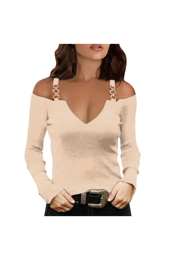Womens 2026 Fall Fashion Sexy Shirts Off Shoulder Solid Color Tunics Deep V Neck Pullover Tops Slim Fit Comfy Going Out Top Ladies