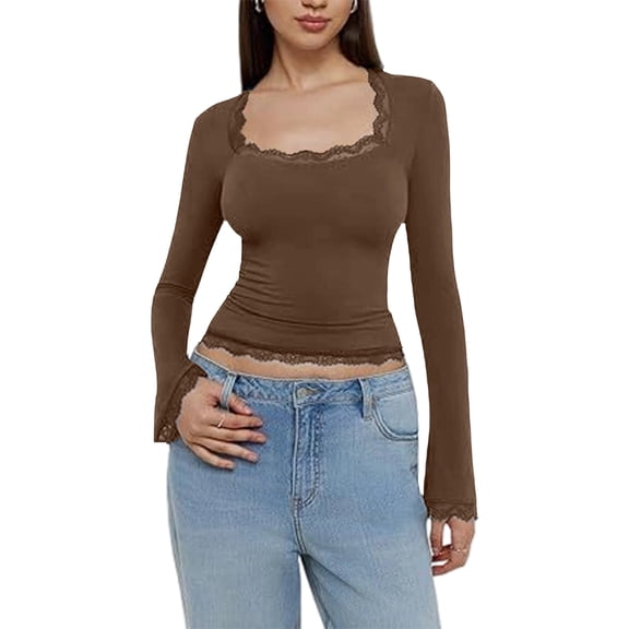 Womens 2026 Fall Fashion Square Neck Lace Long Bell Sleeves Shirts Double Lined Casual Slim Fit Tops